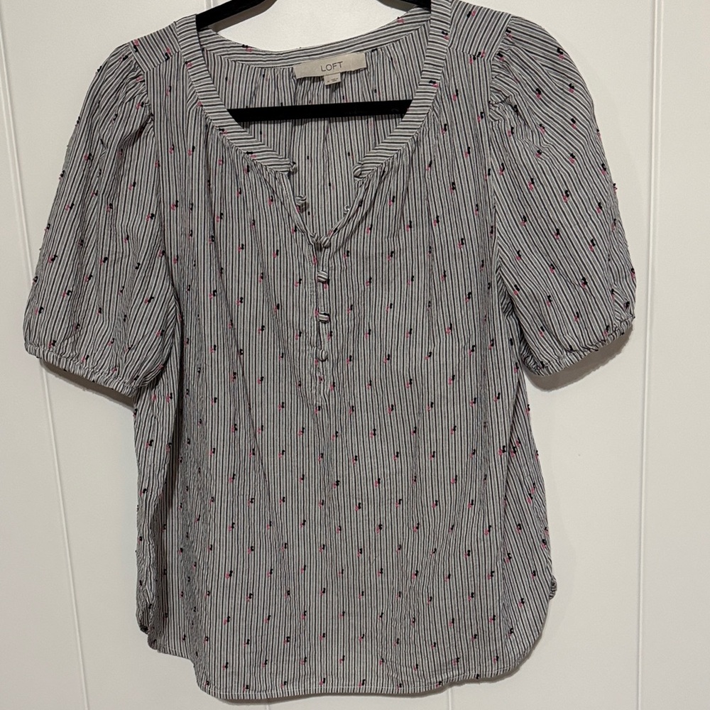 LOFT Black and White Striped Blouse with Red Accents